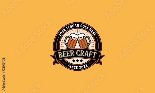 A beer-themed logo with two clinking beer mugs and customizable text.