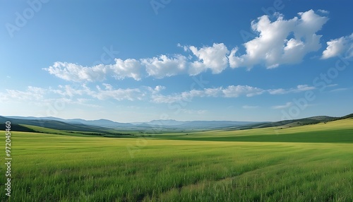 The vast fields and distant hills, and soft white clouds fluttering in the clear sky, show the tranquility and beauty of nature.