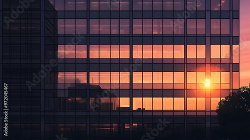 Sunset Reflected in Glass Windows of a Modern Office Building