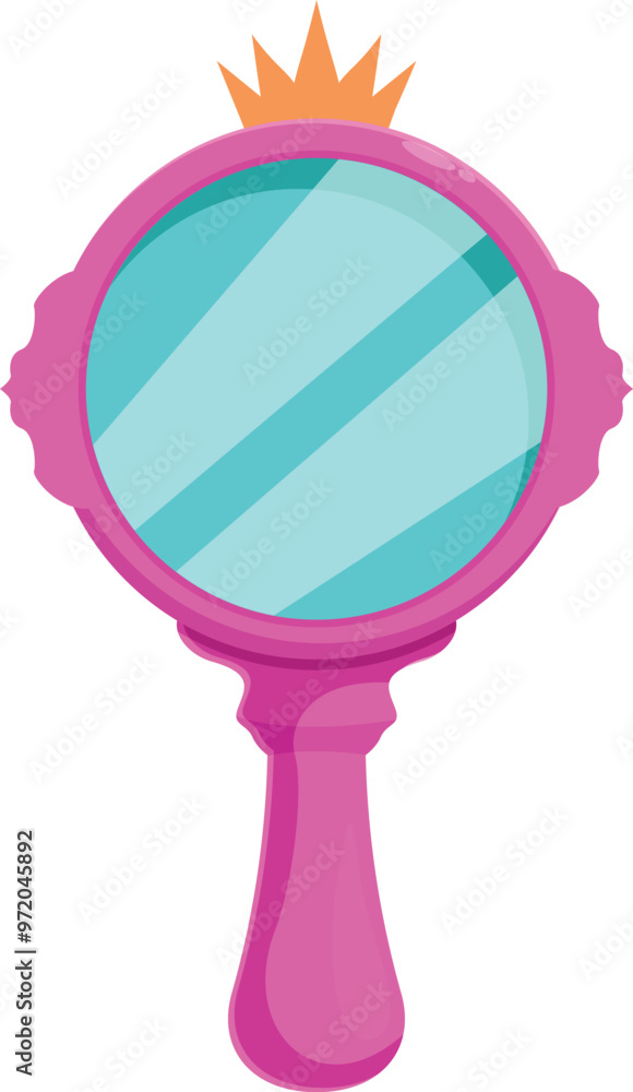 Pink hand mirror with golden crown reflecting light blue background, perfect for beauty, fashion, and fairytale themed projects Pink hand mirror with golden crown reflecting light blue background, perfect for beauty, fashion, and fairytale themed projects