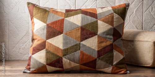 Overlapping geometric shapes in muted earth tones adorn a plush fabric pillow, evoking a sense of bohemian elegance in a cozy home setting.