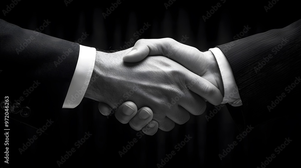 Two hands shaking hands, arms in suits, Generative AI Two hands shaking hands, arms in suits, Generative AI