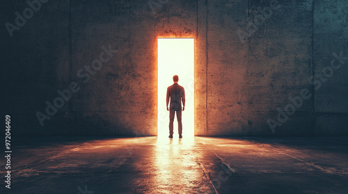 man stands from the back in front of an enormous, glowing key-shaped doorway, bathed in sunlight, symbolizing hope, opportunity, and the gateway to new beginnings