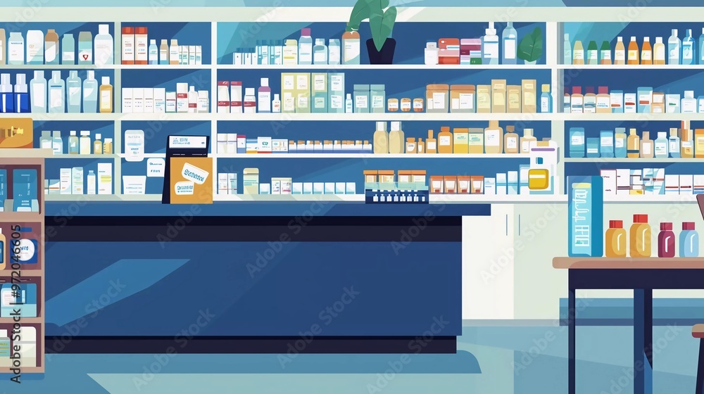 Empty drugstore chemist`s shop pharmacy without staff clients customers visitors with remedies, pills, medicines, goods, painkillers, jars on shelves Empty drugstore chemist`s shop pharmacy without staff clients customers visitors with remedies, pills, medicines, goods, painkillers, jars on shelves