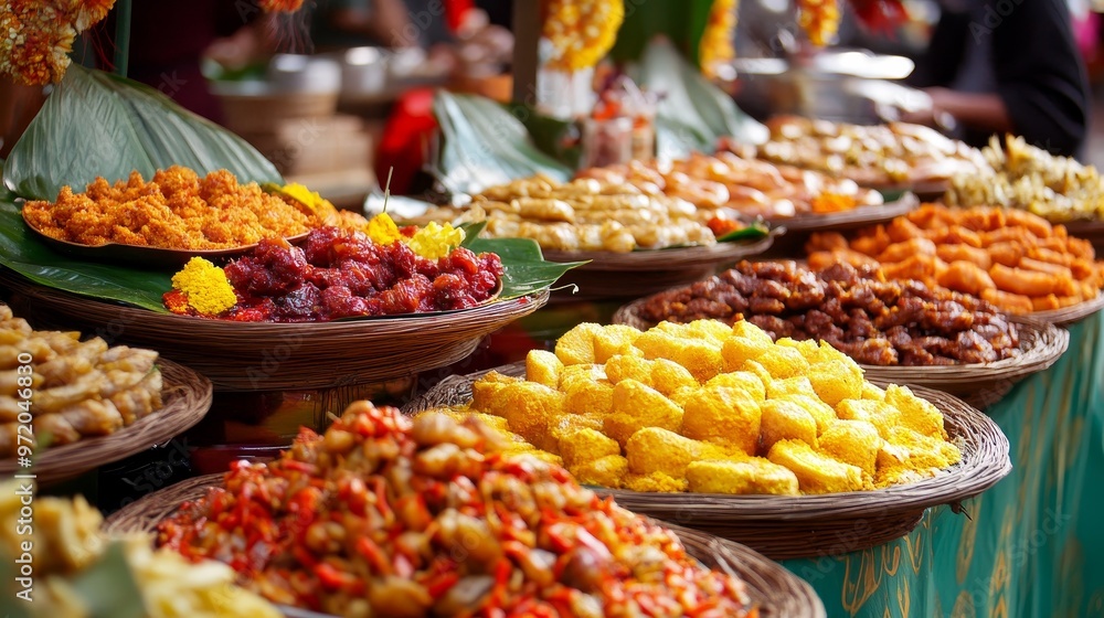 Fototapeta premium Vibrant Display of Traditional Festival Foods with Bright Colors and Tempting Treats