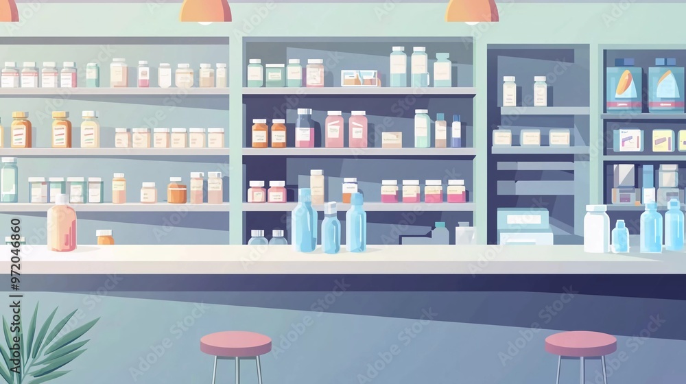 Empty drugstore chemist`s shop pharmacy without staff clients customers visitors with remedies, pills, medicines, goods, painkillers, jars on shelves Empty drugstore chemist`s shop pharmacy without staff clients customers visitors with remedies, pills, medicines, goods, painkillers, jars on shelves
