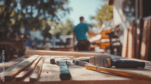 A professional carpenter is working with tools on a wooden table. Tools located next to work equipment become a focal point photo