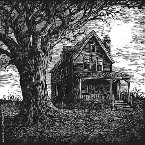 Haunted House Under a Moonlit Sky with Gnarled Tree in Black and White photo