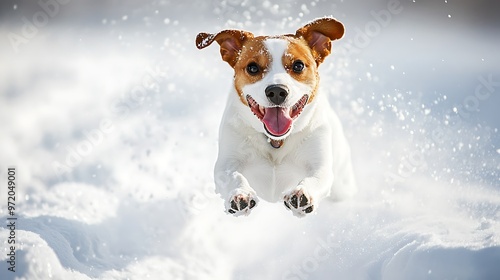 A happy dog leaping through snow with its tongue out, isolated against a snow-white background with room for adding text or brand messaging