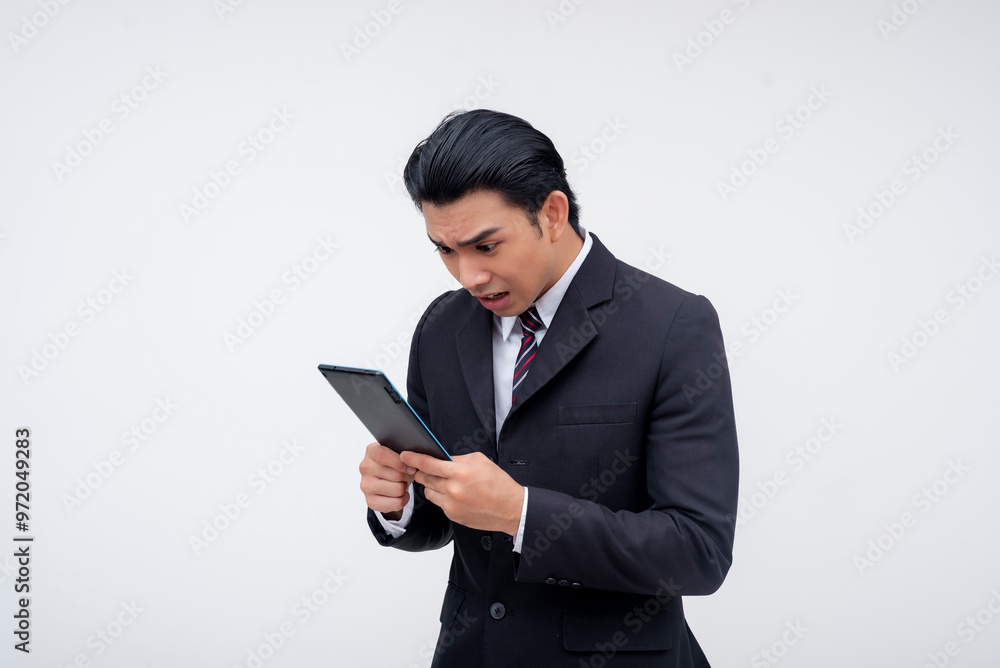 A young asian business executive terrified at plunging sales performance based on data on his tablet. Isolated on a white background. A young asian business executive terrified at plunging sales performance based on data on his tablet. Isolated on a white background.