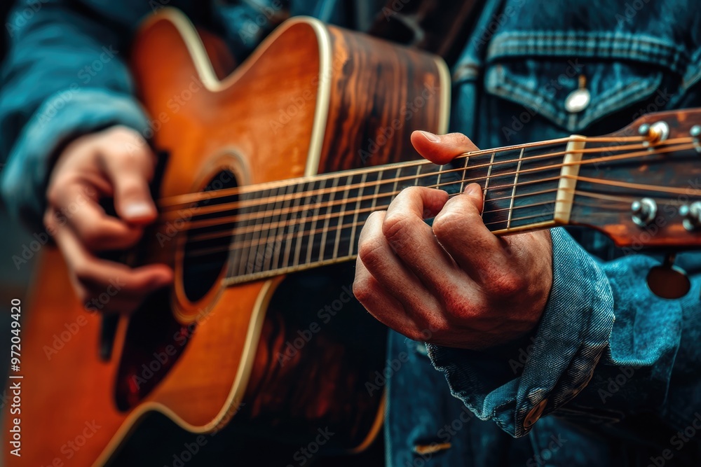 Fototapeta premium Close up photo of a caucasian hand holding an acoustic guitar. The man is wearing a jean jacket.