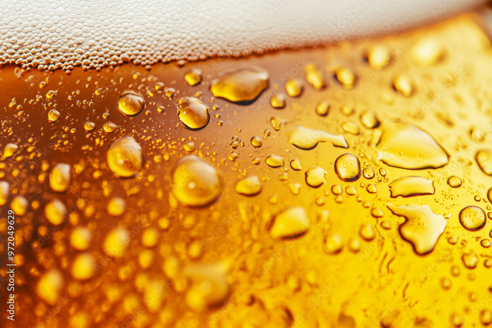 Close-up glass of beer with foam, bubbles and water droplets on glass. Refreshing beer concept Close-up glass of beer with foam, bubbles and water droplets on glass. Refreshing beer concept