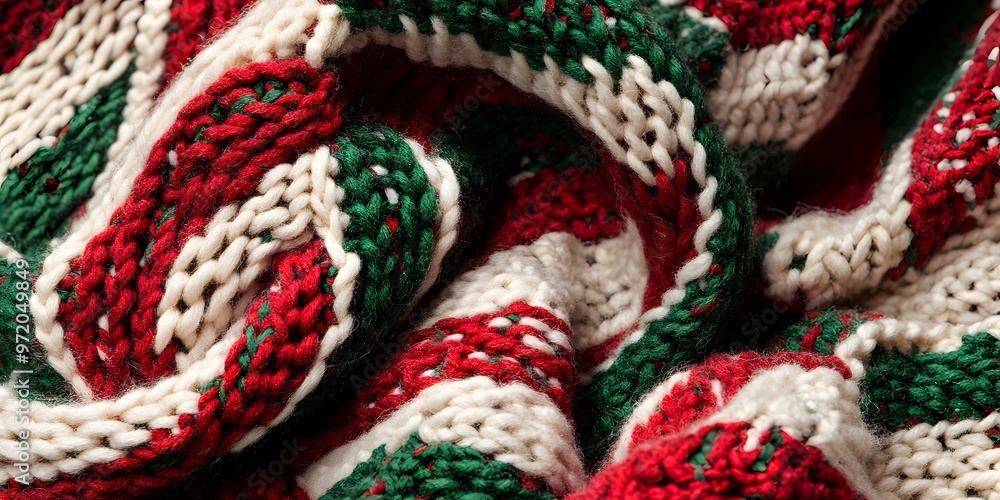 Cozy knitted texture featuring a swirl of red, green, and cream for a warm holiday ambiance. Textile design concept Cozy knitted texture featuring a swirl of red, green, and cream for a warm holiday ambiance. Textile design concept