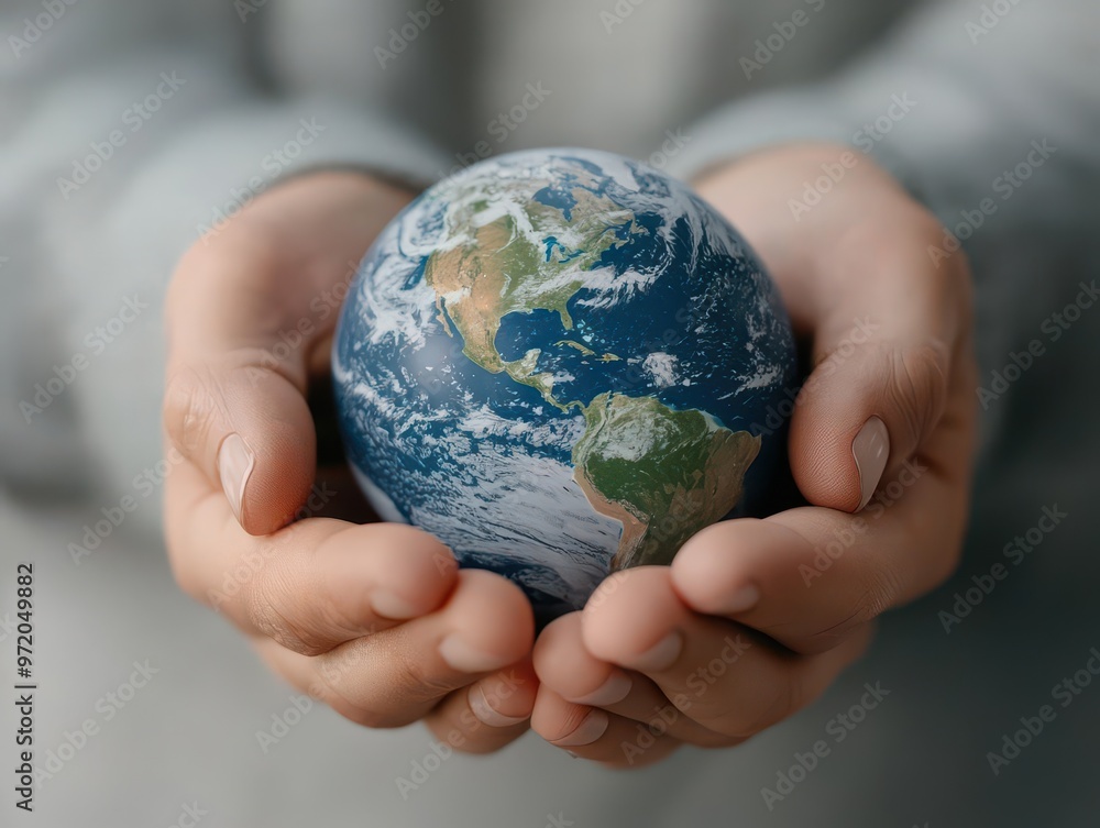 Earth at night held in human hands, energy saving concept, global perspective. Earth at night held in human hands, energy saving concept, global perspective.