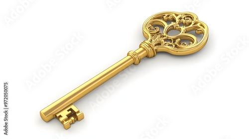 15. A lifelike 3D render of a golden key with ornate designs, isolated on a pristine white background