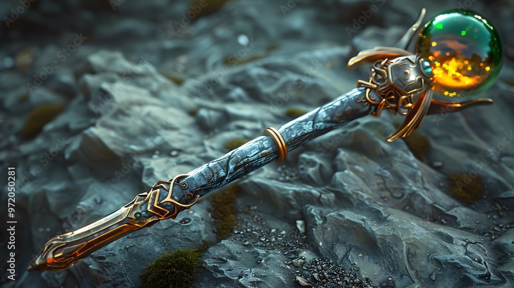 Mystical scepter with orange and a green lens orb