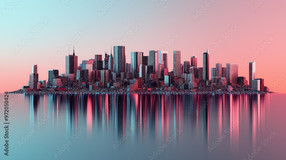 Fototapeta premium A stunning urban skyline reflecting in calm waters, showcasing vibrant colors and modern architecture at twilight.