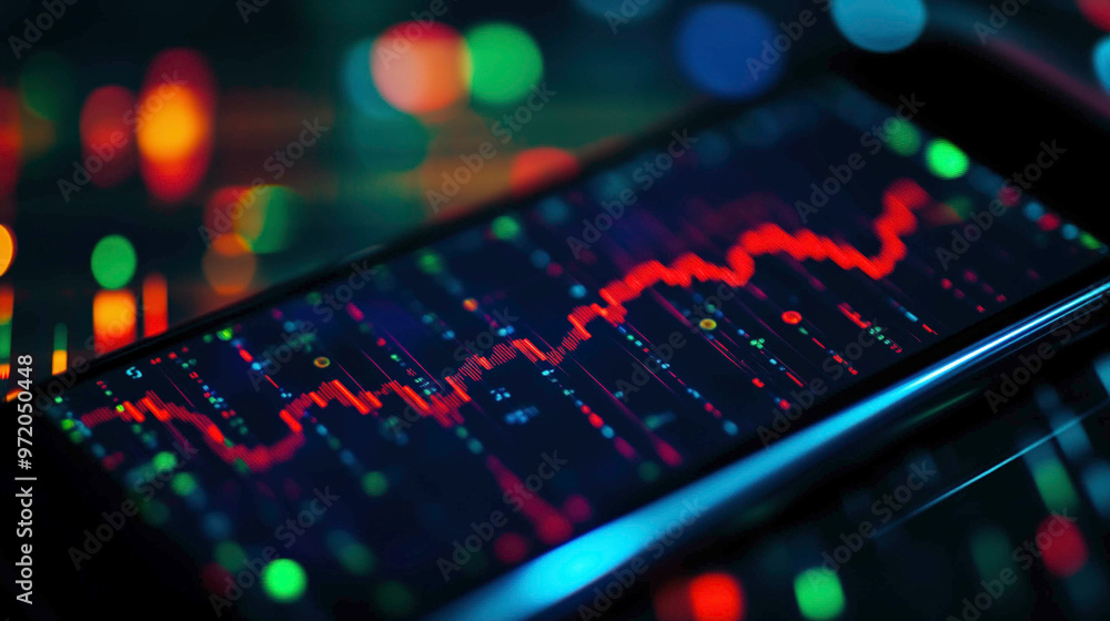 A close-up of a smartphone screen showing a sharp red graph amidst colorful market indicators. The volatile stock data reflects real-time trading and intense market fluctuations. A close-up of a smartphone screen showing a sharp red graph amidst colorful market indicators. The volatile stock data reflects real-time trading and intense market fluctuations.
