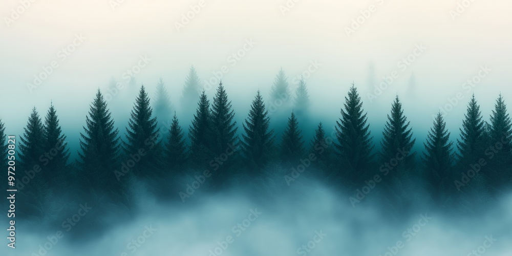 Serene misty forest landscape with dark trees emerging from a blanket of fog, creating a tranquil atmospheric scene. Serene misty forest landscape with dark trees emerging from a blanket of fog, creating a tranquil atmospheric scene.