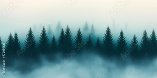 Serene misty forest landscape with dark trees emerging from a blanket of fog, creating a tranquil atmospheric scene.