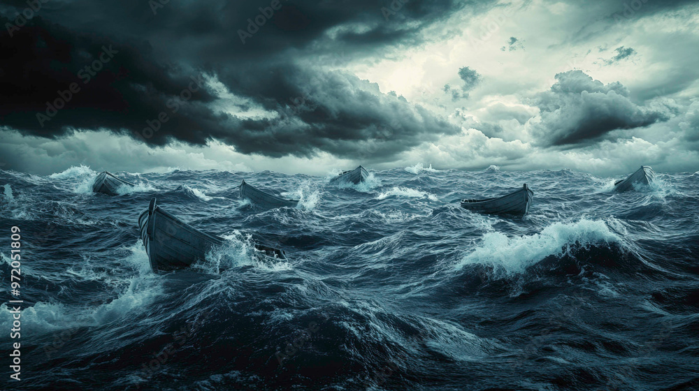 A stormy ocean scene with dark clouds and rough waves. Wooden boats ...