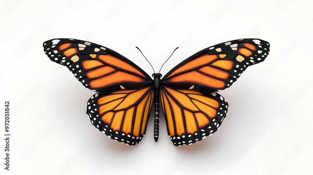 Fototapeta premium 1. A realistic 3D render of a colorful Monarch butterfly, wings spread wide, isolated on a pristine white background