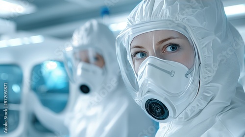 Biosafety level 4 (BSL-4) lab with scientists wearing full-body suits and respirators photo