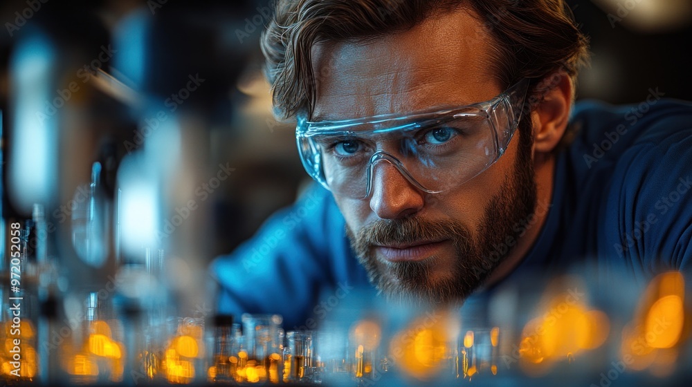 Scientist analyzing samples in a laboratory with glassware. Scientist analyzing samples in a laboratory with glassware.