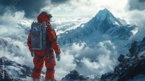 Wallpaper Mural Astronaut overlooking a majestic mountain landscape amidst clouds. Torontodigital.ca