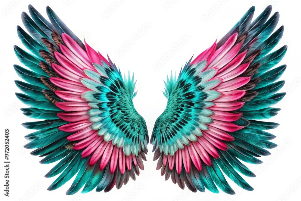 Obraz premium Vibrant turquoise and pink hues envelop delicate feathered wings, outlined with bold black lines, set against a bright white background.