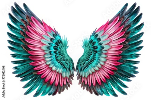 Vibrant turquoise and pink hues envelop delicate feathered wings, outlined with bold black lines, set against a bright white background. photo