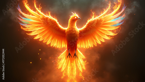 A majestic phoenix with iridescent rainbow-hued feathers that shimmer in hues of red orange yellow green blue and violet its wings outstretched and engulfed in vibrant dancing flames that lick at its 