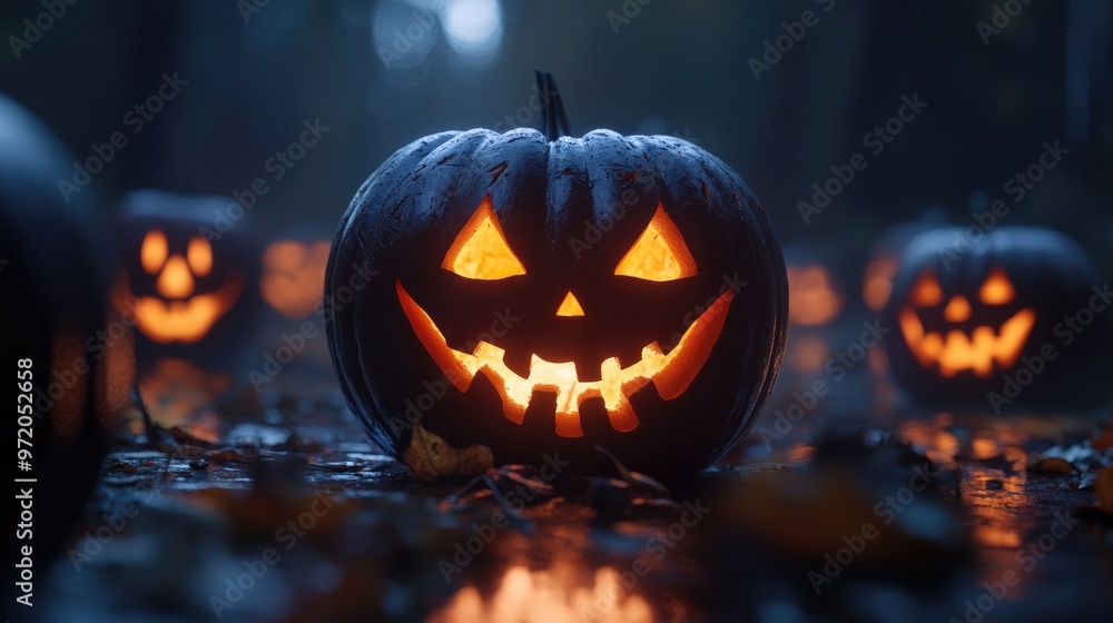 A row of glowing jack-o'-lanterns in a dark, misty forest, with one in the foreground. A row of glowing jack-o'-lanterns in a dark, misty forest, with one in the foreground.