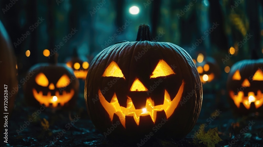 A row of glowing jack-o'-lanterns with carved faces sit in a dark, mysterious forest. A row of glowing jack-o'-lanterns with carved faces sit in a dark, mysterious forest.