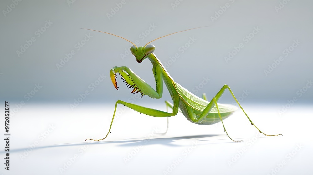 5. A realistic 3D render of a vibrant green praying mantis in a natural pose, isolated on a pristine white background 5. A realistic 3D render of a vibrant green praying mantis in a natural pose, isolated on a pristine white background