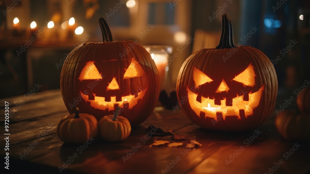 Two lit jack-o'-lanterns with spooky faces on a wooden table with candles and smaller pumpkins. Two lit jack-o'-lanterns with spooky faces on a wooden table with candles and smaller pumpkins.