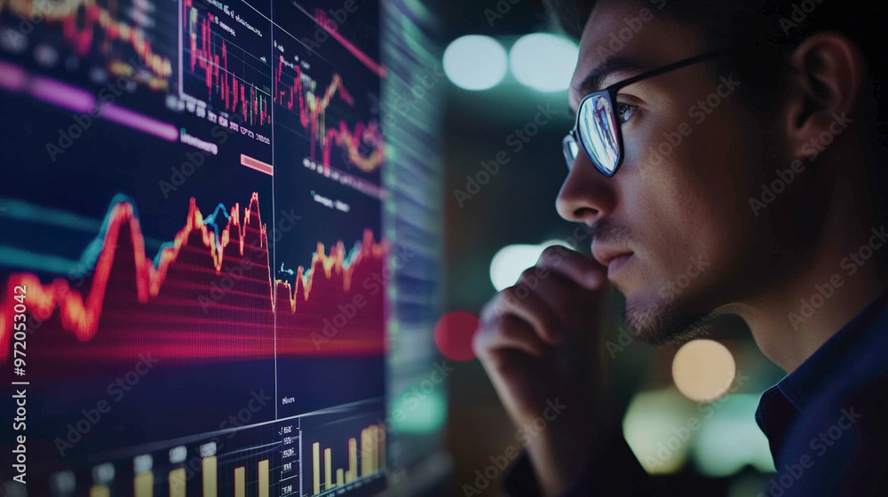 A financial analyst deeply focused on multiple screens displaying real-time stock market charts and data, carefully analyzing trends and making strategic decisions for investment opportunities. A financial analyst deeply focused on multiple screens displaying real-time stock market charts and data, carefully analyzing trends and making strategic decisions for investment opportunities.