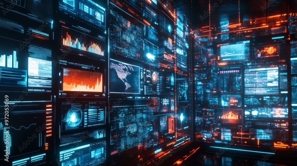 A wall of digital screens showing data and code in a futuristic style. A wall of digital screens showing data and code in a futuristic style.