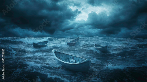 A small boat battles against towering waves in a stormy sea, surrounded by dark clouds and turbulent waters. The scene captures the struggle of survival and resilience amidst overwhelming adversity. photo