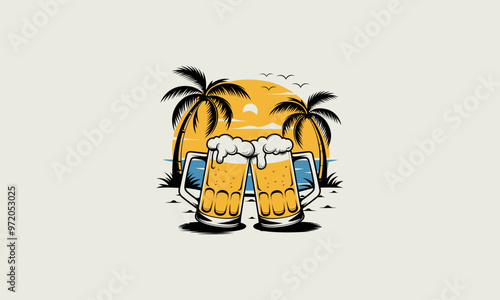 two beer mugs clinking together on a tropical beach. photo