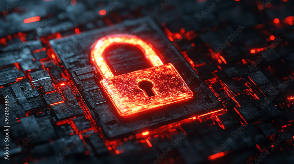 glowing neon lock symbol shines on a dark digital background, representing security, protection, and encryption in a modern, technological context glowing neon lock symbol shines on a dark digital background, representing security, protection, and encryption in a modern, technological context