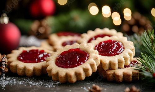 Linzer Christmas cookies filled with strawberry jam and dusted with sugar photo