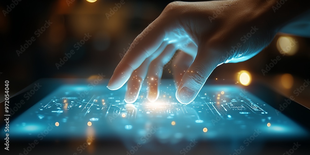Close-up of a hand interacting with a glowing touchscreen interface, symbolizing futuristic technology and innovation. Close-up of a hand interacting with a glowing touchscreen interface, symbolizing futuristic technology and innovation.