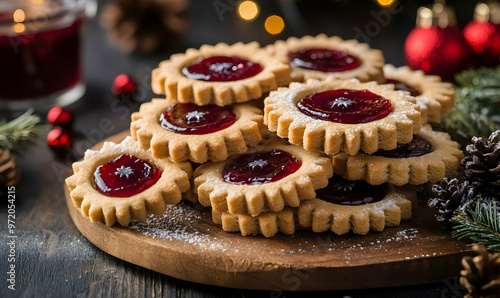 Linzer Christmas cookies filled with strawberry jam and dusted with sugar photo