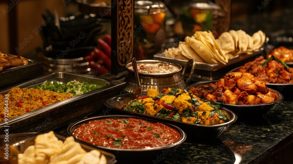 Closeup of a buffet table with various Indian dishes like chicken tikka masala, paneer, and naan bread. Closeup of a buffet table with various Indian dishes like chicken tikka masala, paneer, and naan bread.