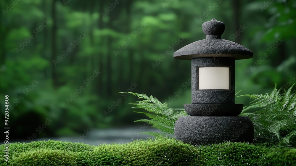 Traditional Japanese stone lantern nestled among moss and ferns, surrounded by a gentle stream in a tranquil Zen garden setting Traditional Japanese stone lantern nestled among moss and ferns, surrounded by a gentle stream in a tranquil Zen garden setting