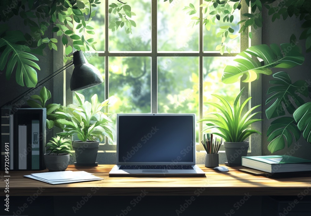 Fototapeta premium Cozy home Office Concept Showcasing Minimalist Style: A work Desk with computer, Documents, green plants and Well-Lit Interior. graphic Resources, Illustration, 