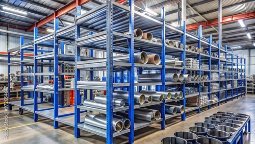 "Industrial equipment storage solution featuring tiered metal shelves and pipes of varying diameter securely fastened to a sturdy metal frame, with hinged lids for easy access."