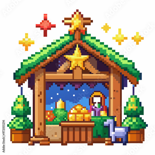 Pixel Art Nativity Scene with Stars and Christmas Trees