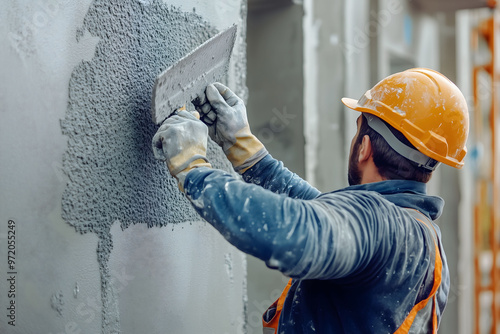 Rear view of a plasterer plastering a cement wall.
